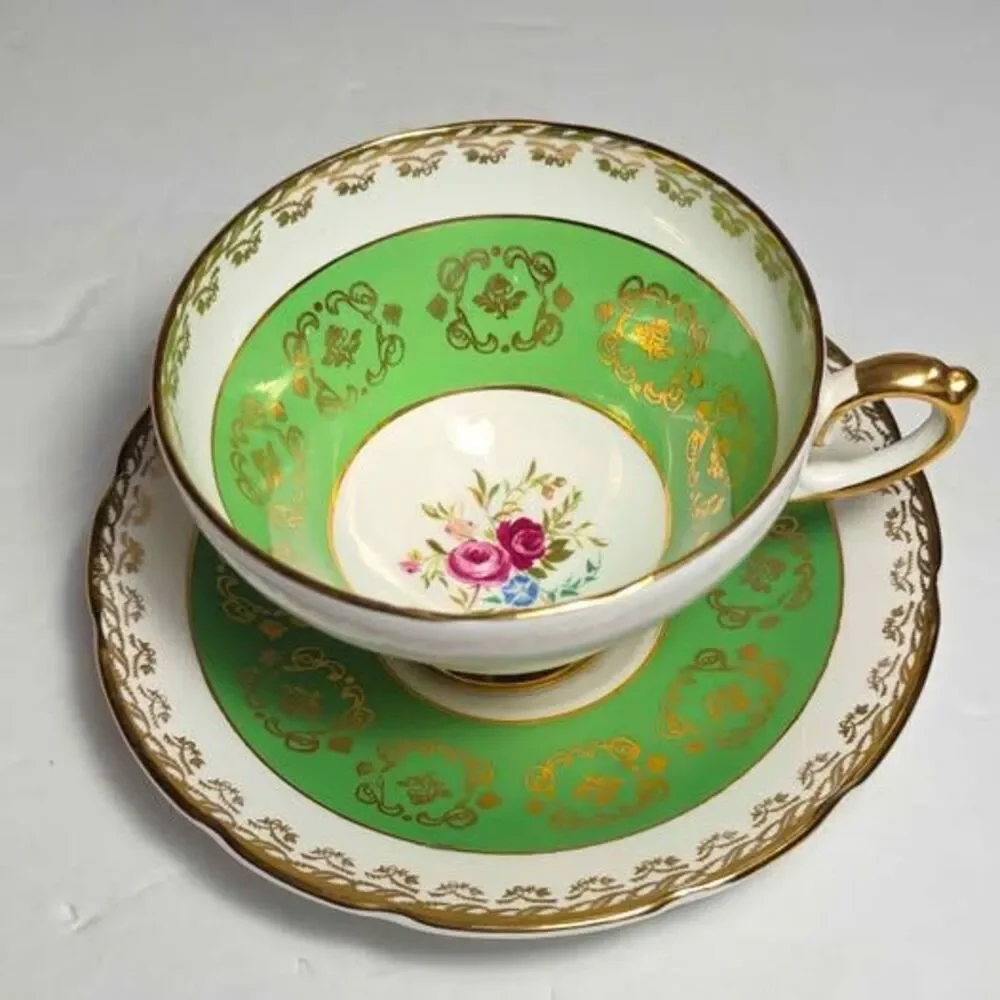 Sutherland Teacup and Saucer Green Pink Flowers Vintage